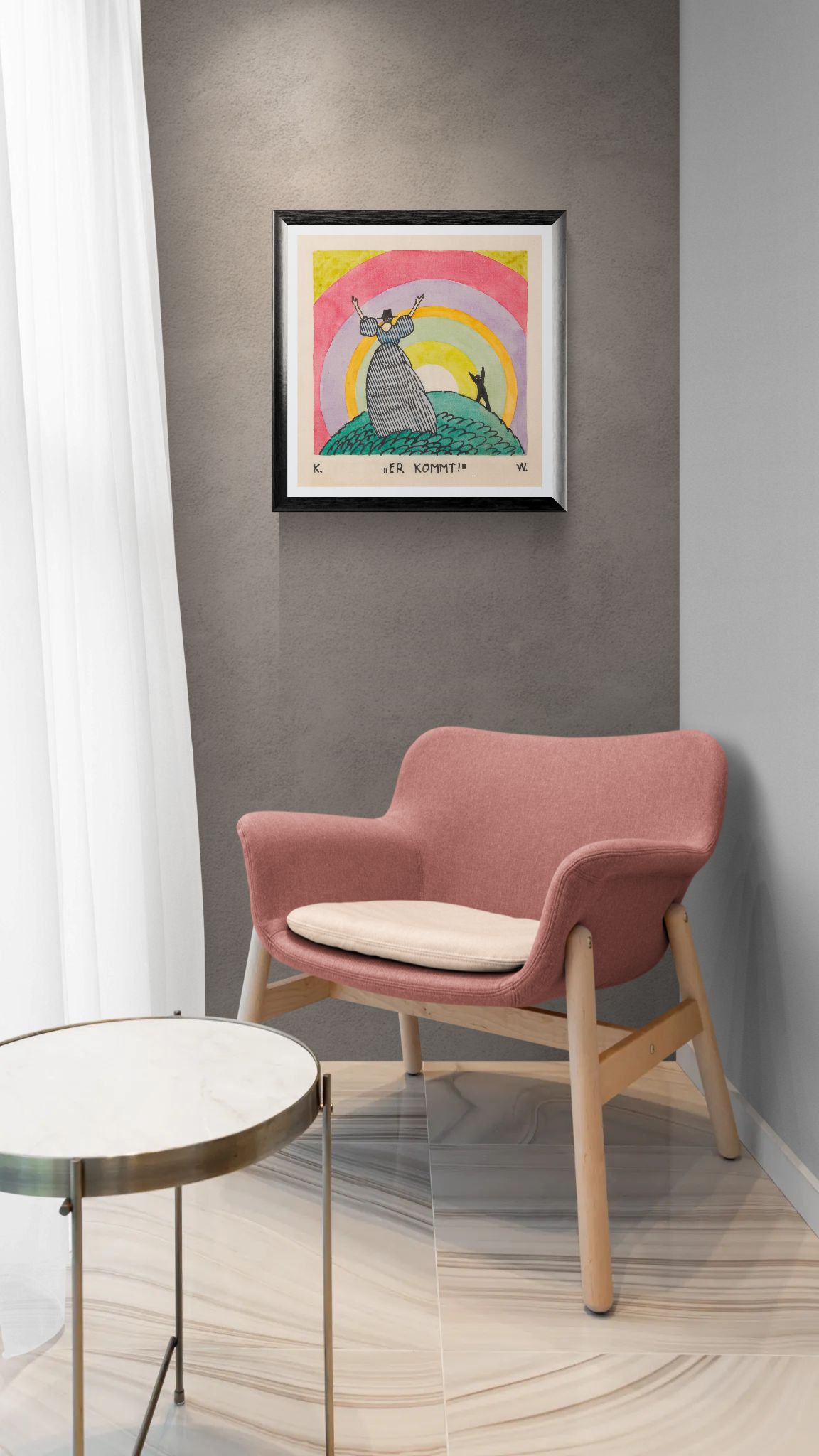 Pink armchair in a room with a colorful framed picture on the wall.