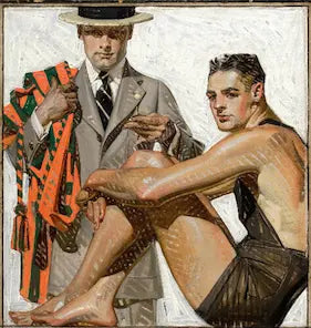 Man in a suit holding a towel over another man in a swimsuit, with a decorative border.