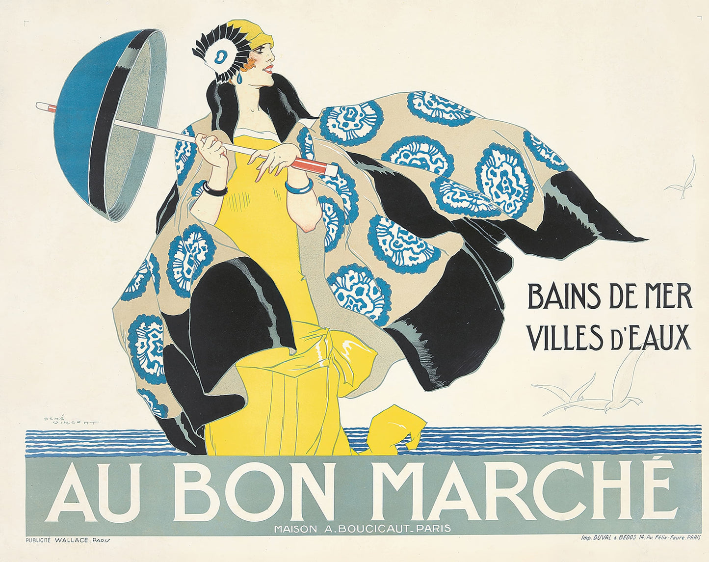 Vintage advertisement poster for Au Bon Marché featuring a woman with a parasol and decorative coat.