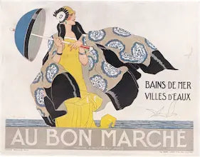 High quality Giclée reproduction of René Vincent's 1925 Art Deco poster, "Au Bon Marché," showing an elegant woman with a parasol at the seaside.