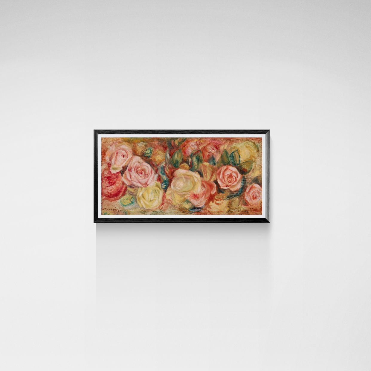Framed painting of flowers on a white wall