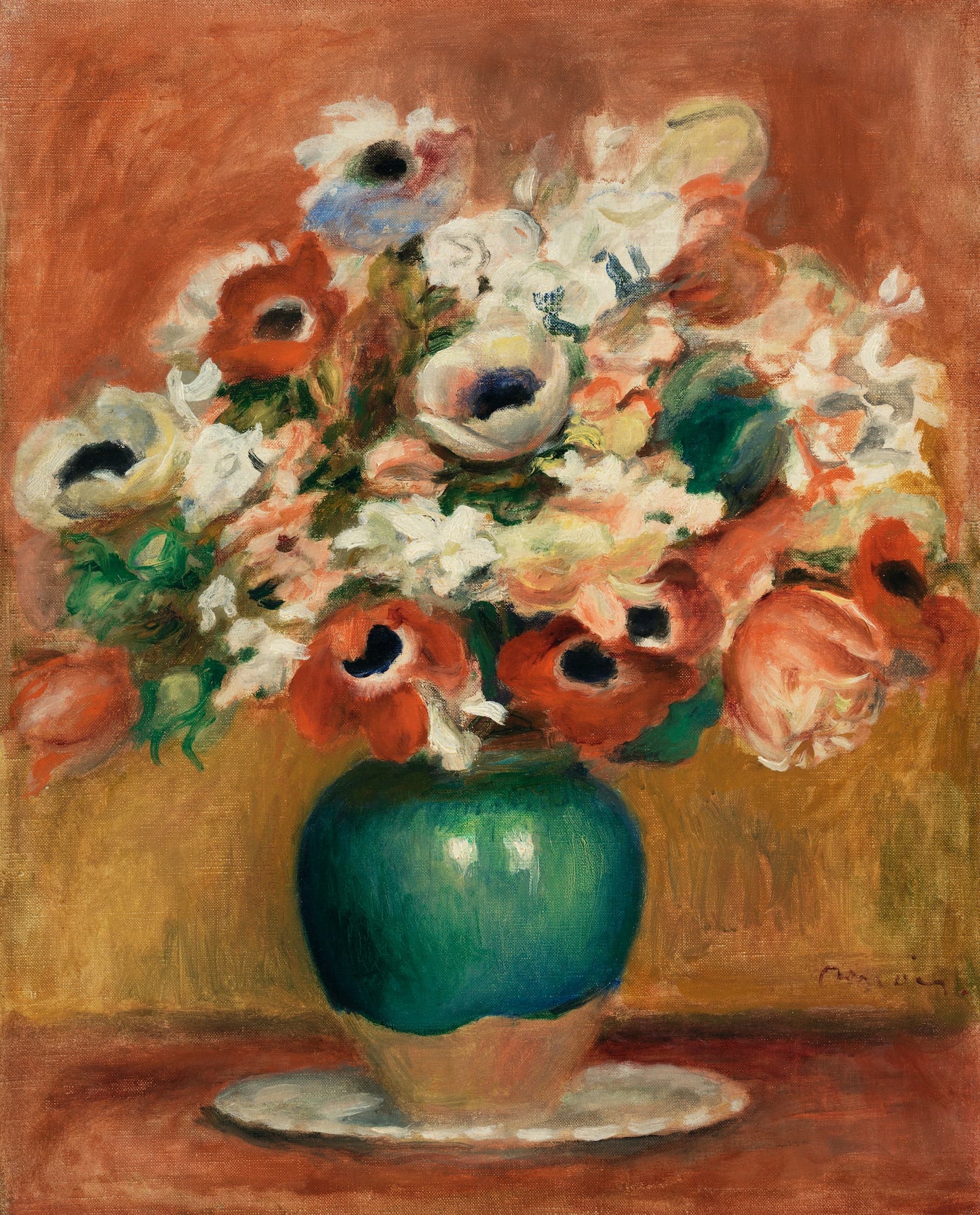 Vase of flowers with a green vase on a brown background