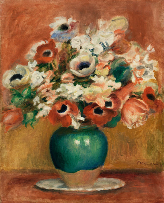 Vase of flowers with a green vase on a brown background
