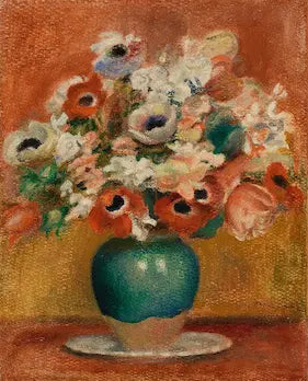 High quality Giclée reproduction of Pierre-Auguste Renoir's 1890 Impressionist painting, Vase of Anemones, featuring red and white flowers in a turquoise vase.