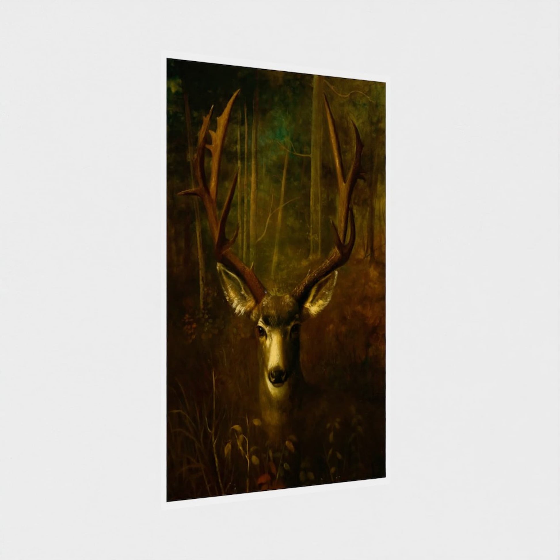 Framed artwork of a deer with large antlers in a forest setting