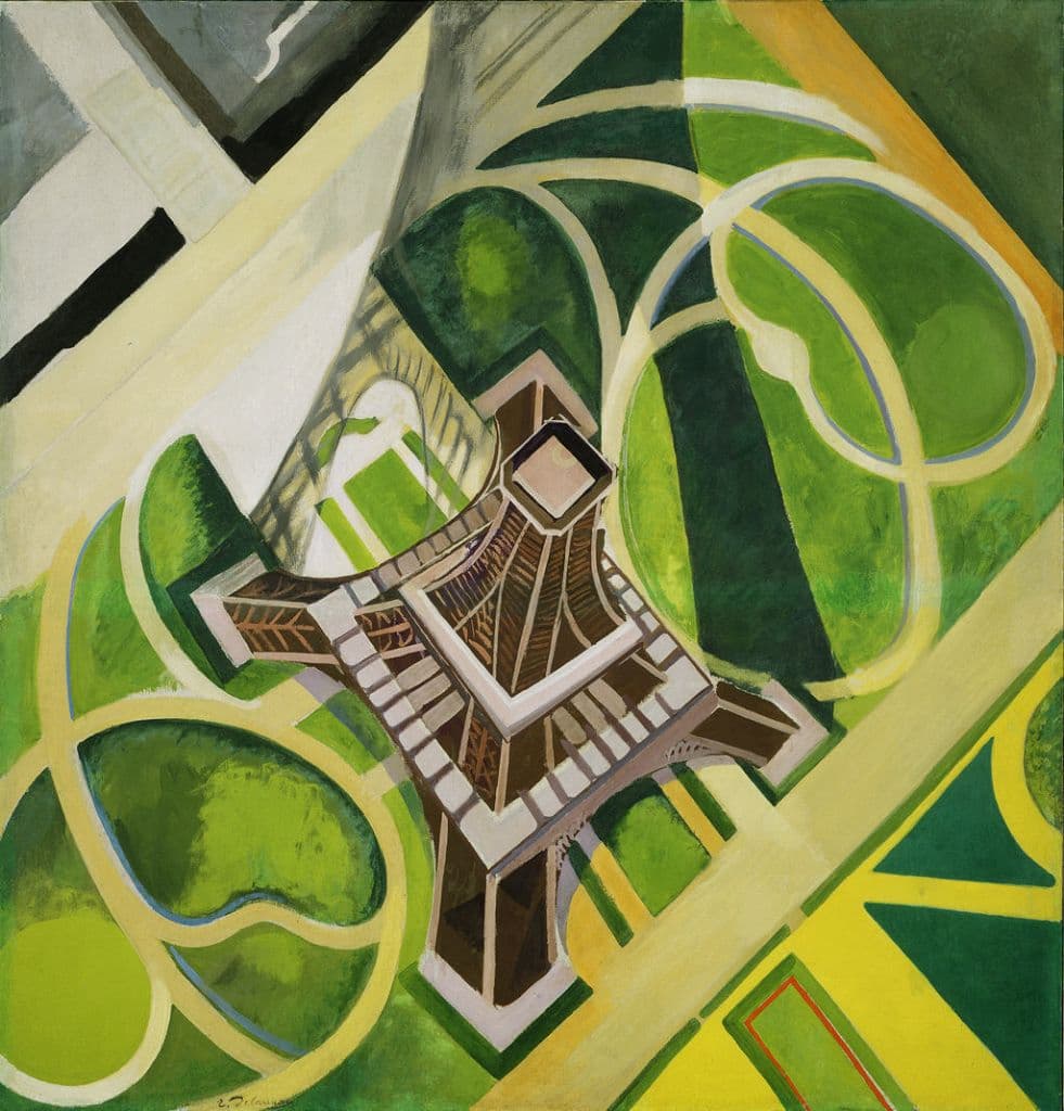 Robert Delaunay Eiffel Tower print with abstract green and brown patterns