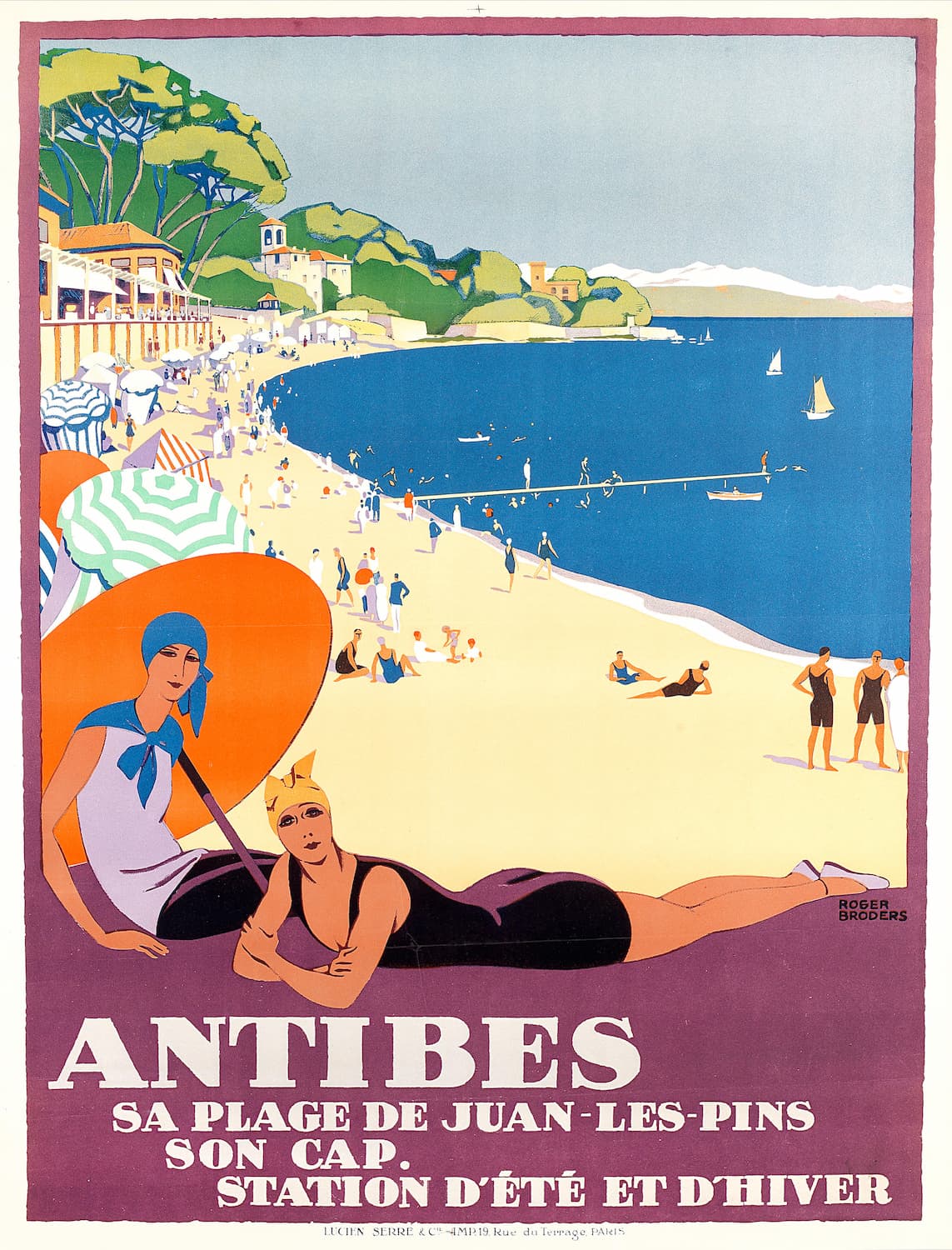 High-quality Giclée reproduction of Roger Broders' 1920s Antibes travel poster, featuring two women in swimsuits on the beach with the French Riviera coastline, Art Deco style.