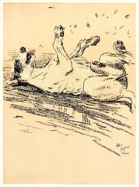 Artistic depiction of a dog rolling on the ground on a beige background.