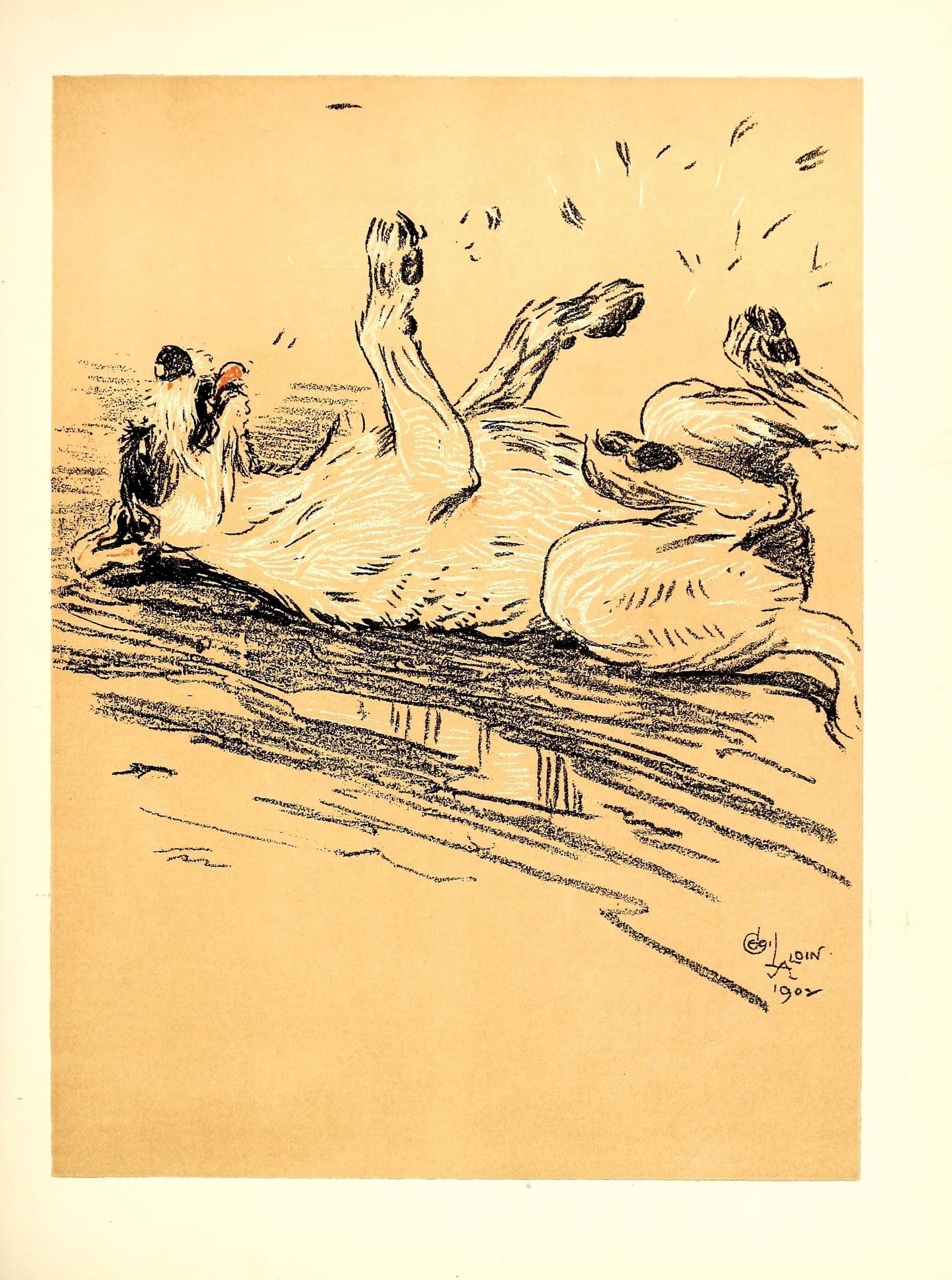 Artistic depiction of a dog rolling on the ground on a beige background.