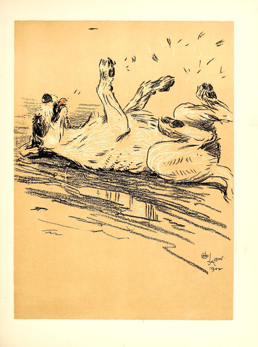 Artistic depiction of a dog rolling on the ground on a beige background.