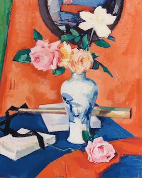 Still life painting with a blue vase, flowers, and books on an orange background