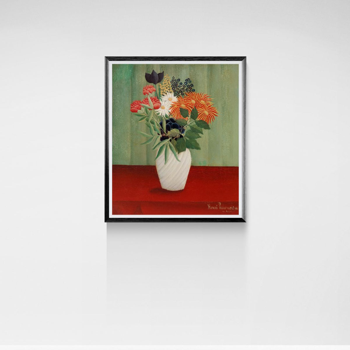 Framed artwork of a still life with flowers and a butterfly on a red and green background.