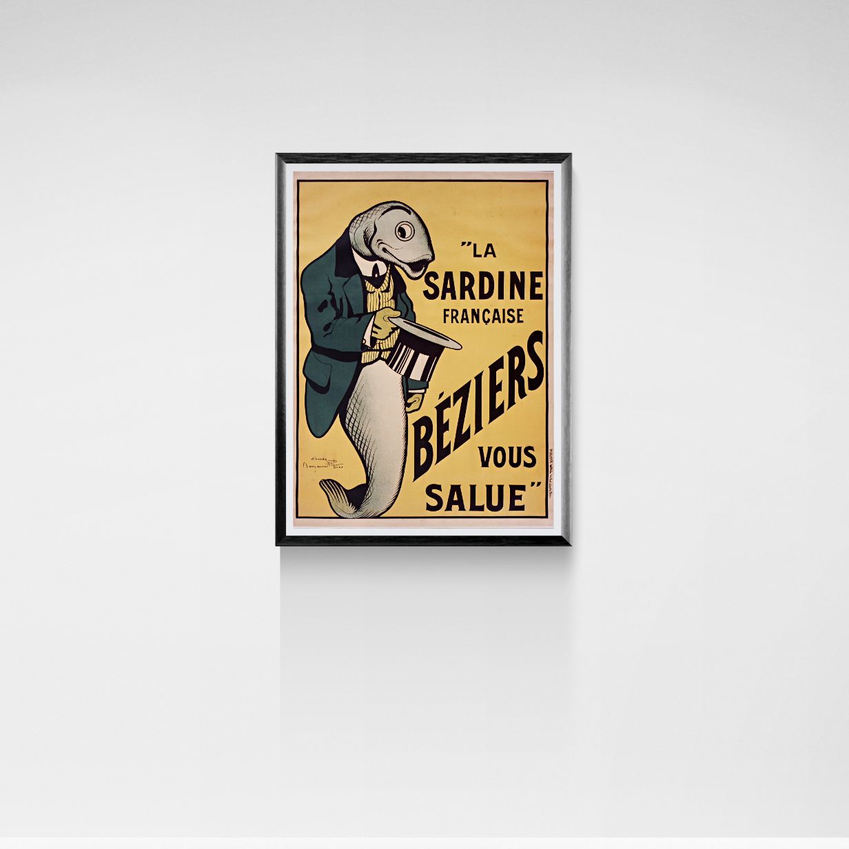Framed poster with a stylized fish in a suit on a beige background
