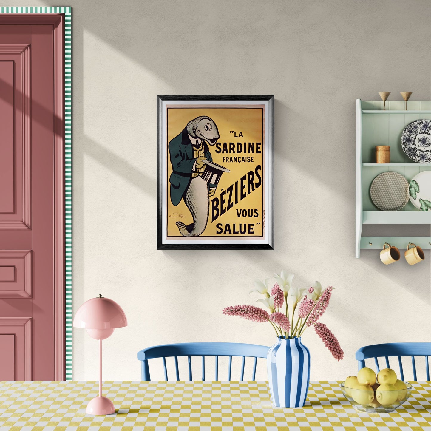 Framed vintage-style poster on a wall above a dining table with decor items.