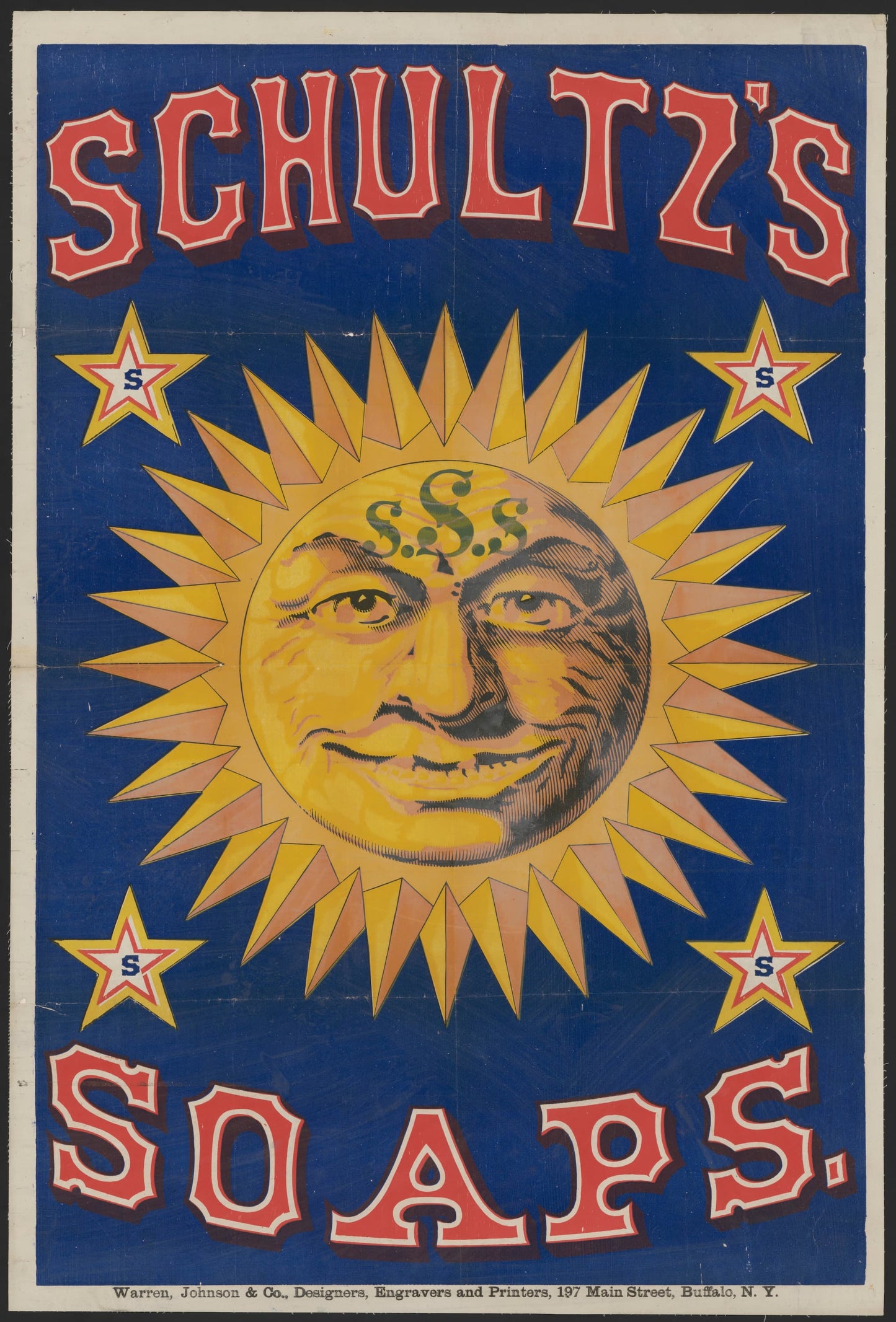 Vintage advertisement for Schultz's Soaps featuring a sun with a face design.