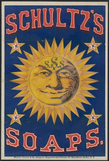 Vintage advertisement for Schultz's Soaps featuring a sun design with stars on a blue background.