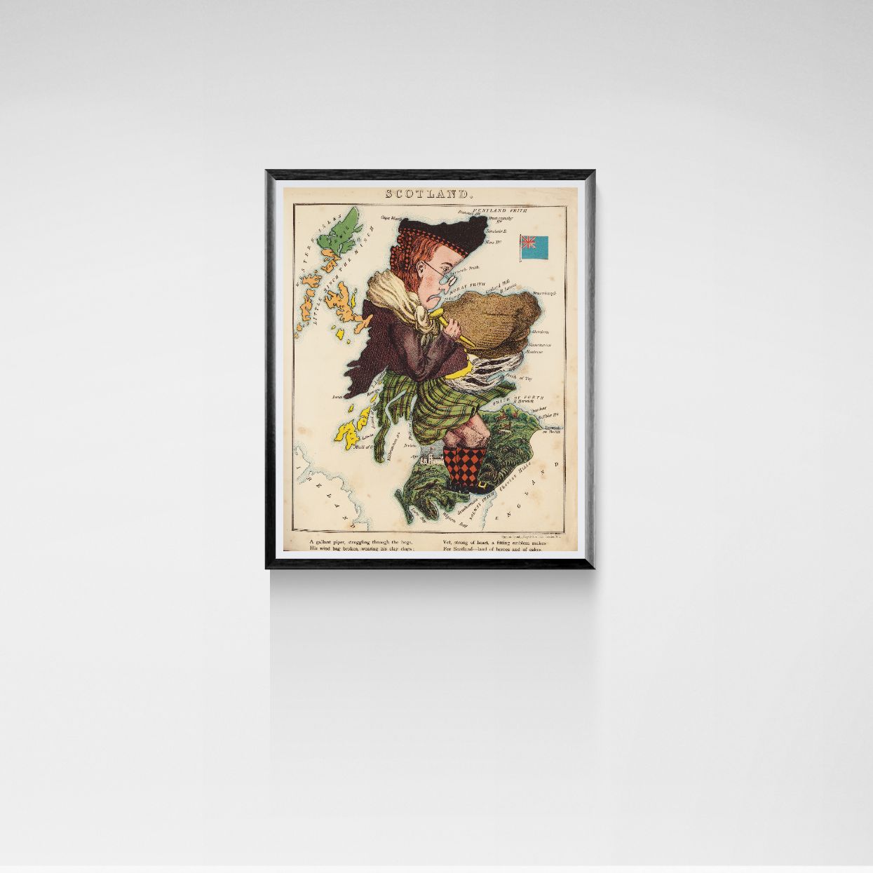 Framed artwork of a person with a basket on a Scotland map background