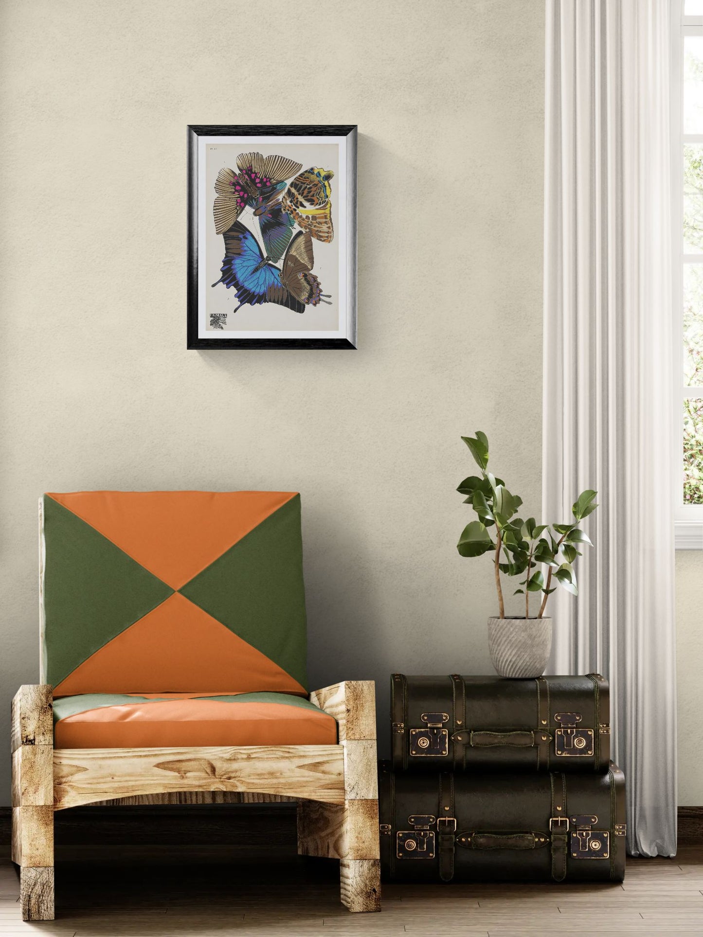 Chair with geometric cushion, framed artwork, and vintage suitcase in a room.