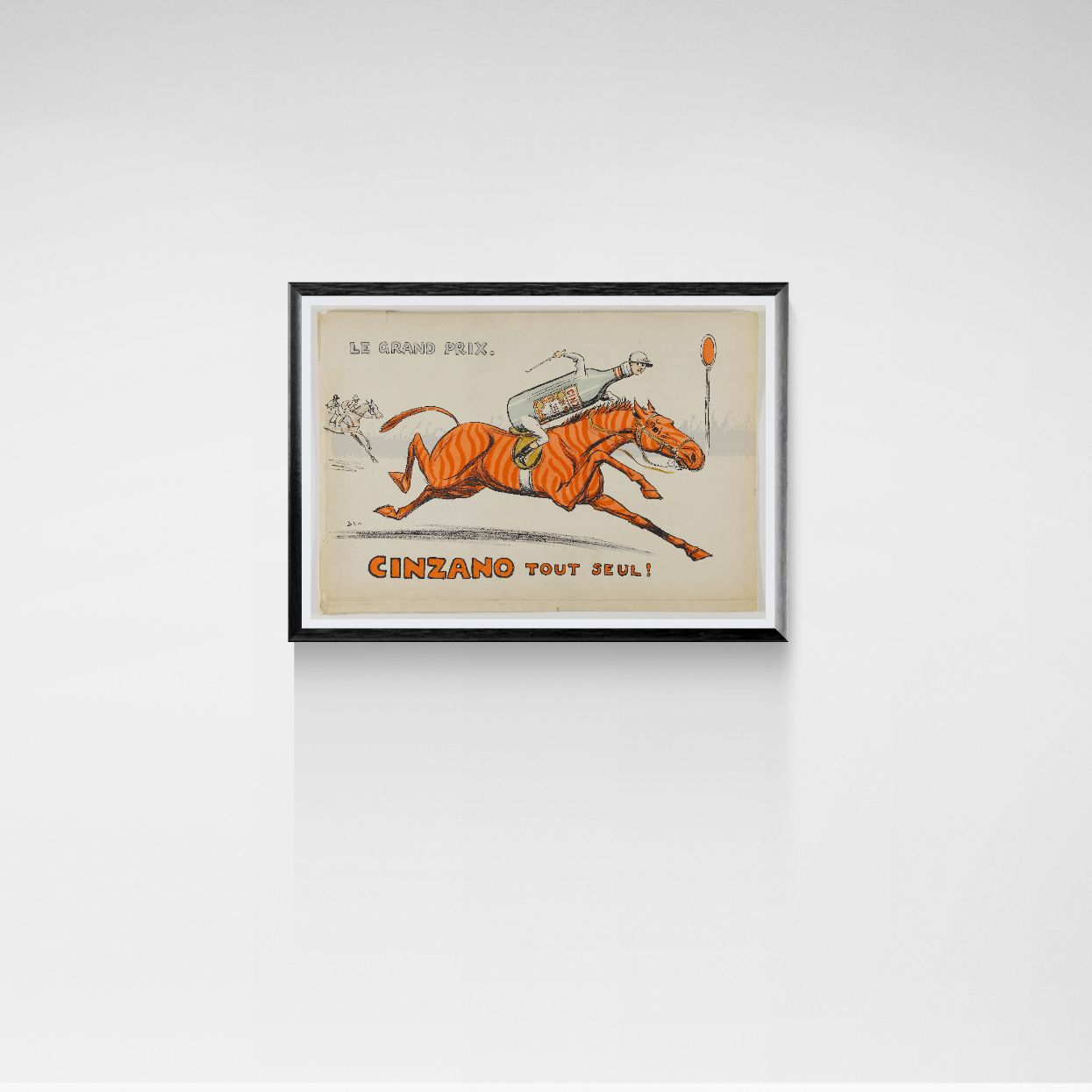 Framed vintage-style advertisement with a horse and rider on a white wall