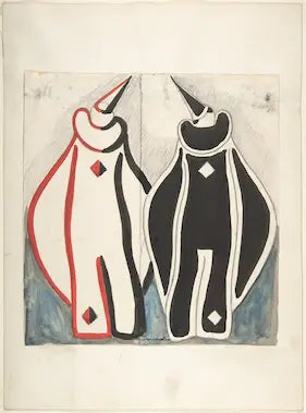 High-quality Giclée reproduction of Sergey Sudeikin's gouache and pencil drawing showing two stylized, symmetrical figures in black and white clown costumes with pointed hats, vintage 1900s Russian theatrical art.