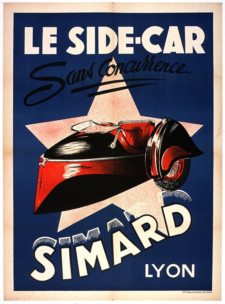 High-quality Giclée reproduction of the Simard Side-Car French poster, showing a stylized sidecar against a blue background with a white star and red accents, vintage motorbike advertisement.
