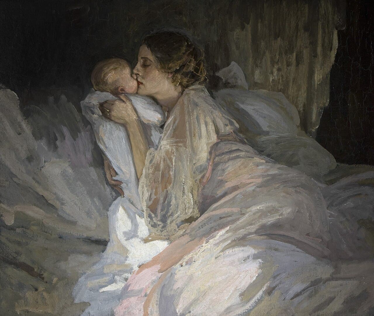 Museum-quality Giclée reproduction of Sir John Lavery's serene 1900s Tonalist painting, featuring a mother tenderly kissing her infant, surrounded by luminous white fabric and set against a dark background. Ideal for bedroom or sentimental nursery decor.