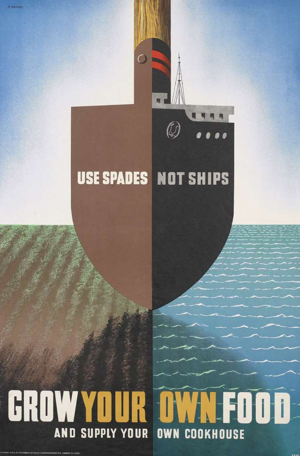 Slogan poster with a ship and plow, advocating for growing one's own food.