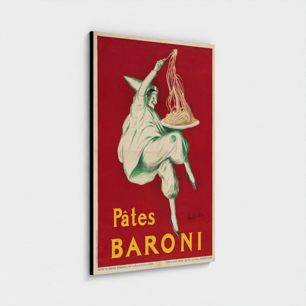 A framed vintage-style poster print featuring a dancer holding spaghetti above the text 'Pâtes BARONI' in yellow on a red background, shown hanging against a light gray wall.