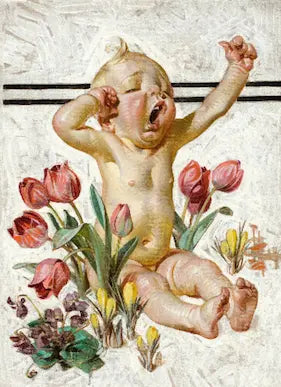  classical painting of a cherub surrounded by flowers on a textured background