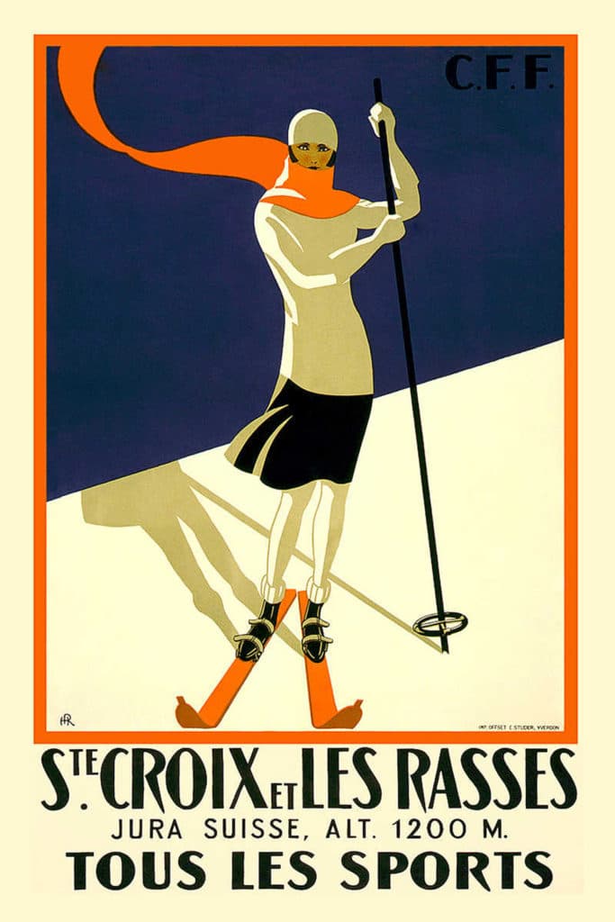 High-quality Giclée reproduction of the 1930s Ste. Croix ski poster, showing an Art Deco woman on skis with an orange scarf against a blue slope, promoting Swiss winter sports.