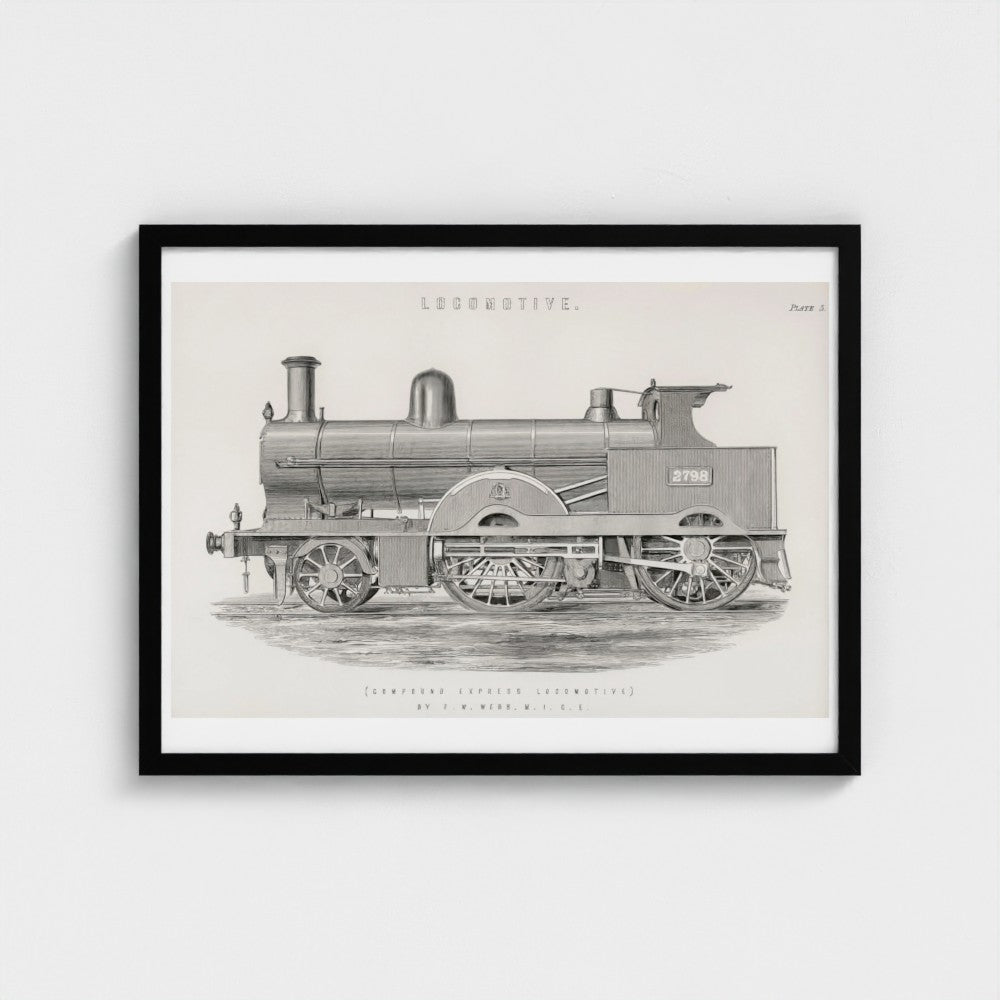 Framed black and white illustration of a steam locomotive on a light gray background