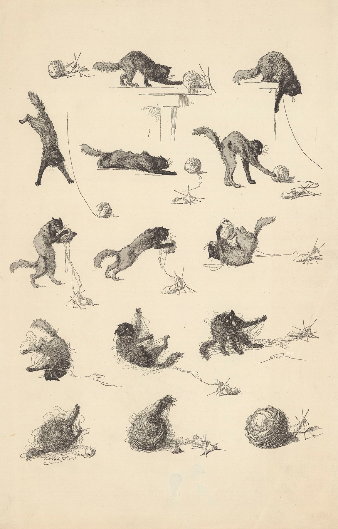 Illustrations of a cat in various poses with a ball of yarn on a beige background