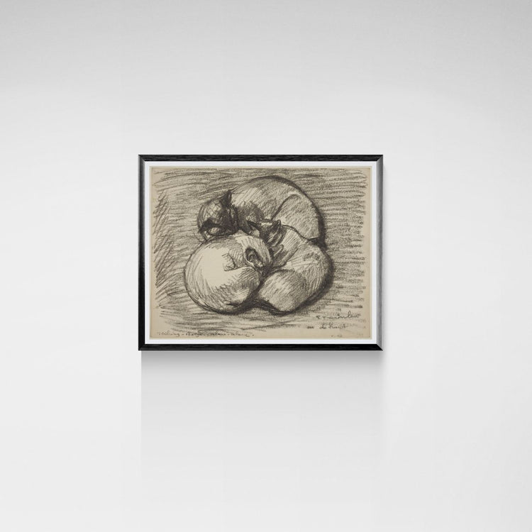 Framed black and white drawing of three cats on a white wall
