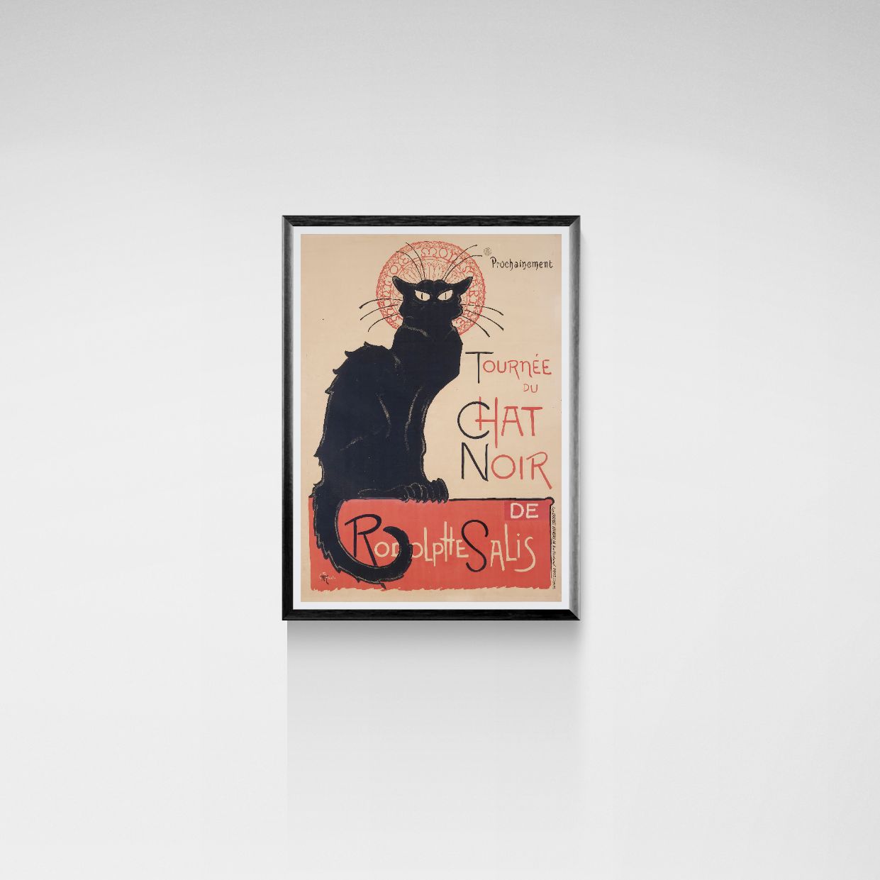 Framed vintage-style poster with a black cat on a beige background