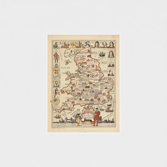 Vintage-style map of England with illustrations on a white background