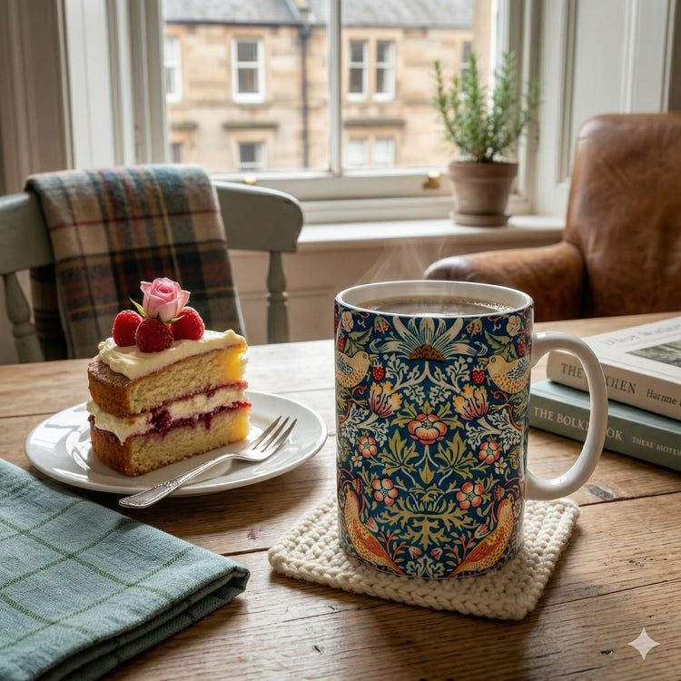 Cup of coffee with a floral pattern on a wooden table with cake and books in the background.