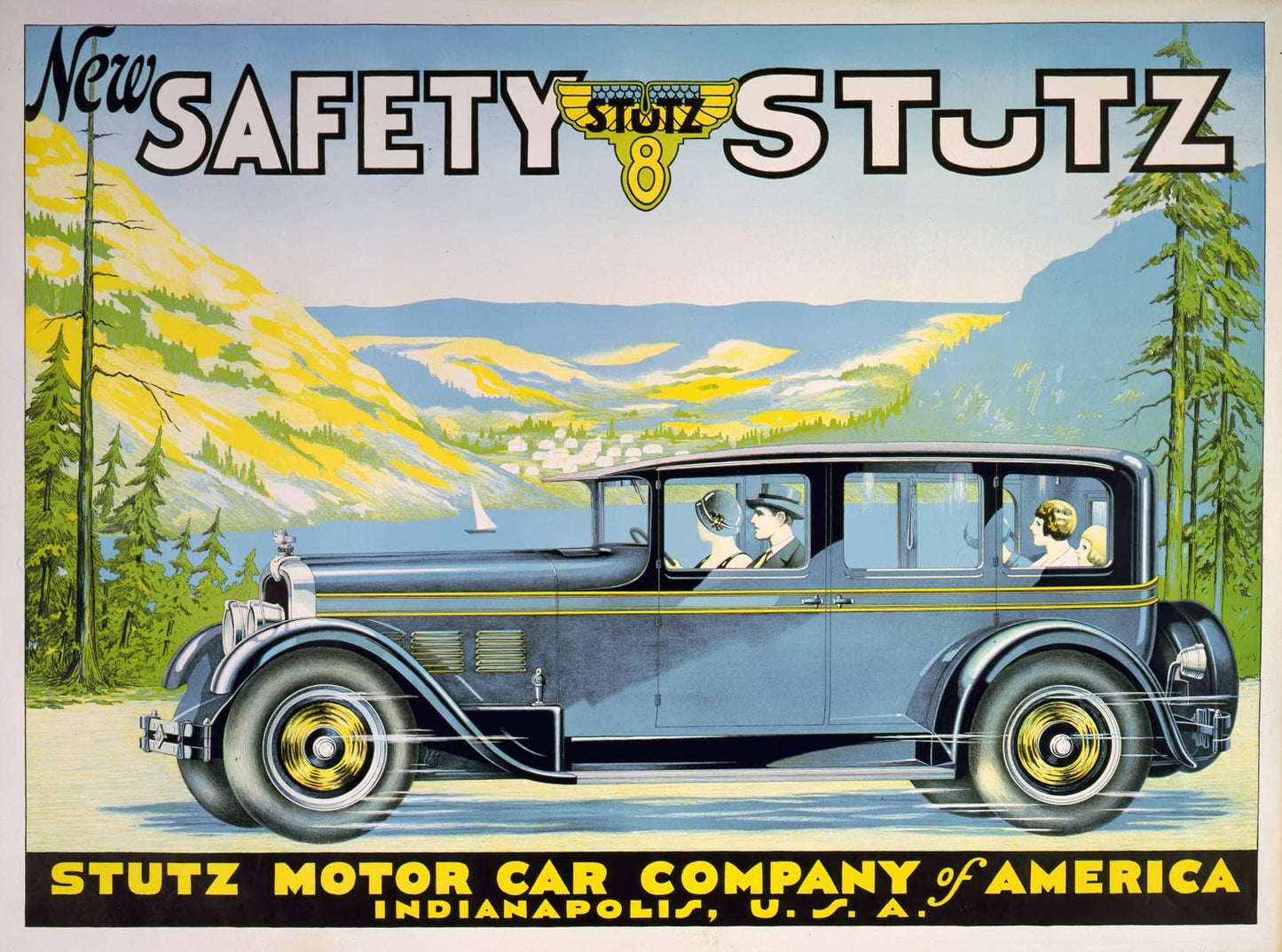 High-quality Giclée print of the Stutz "New Safety Stutz 8" poster, showing a luxury blue sedan driving through a scenic, yellow, and blue mountainous landscape, vintage 1920s American automotive ad.