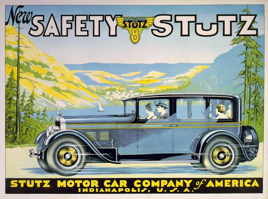 High-quality Giclée print of the Stutz "New Safety Stutz 8" poster, showing a luxury blue sedan driving through a scenic, yellow, and blue mountainous landscape, vintage 1920s American automotive ad.
