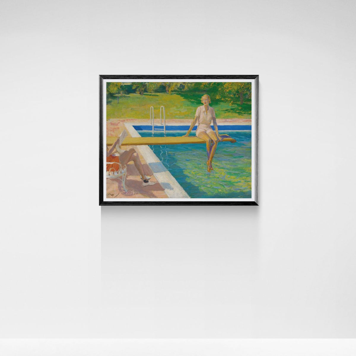 Framed artwork of a woman sitting on a diving board over a pool with a white background