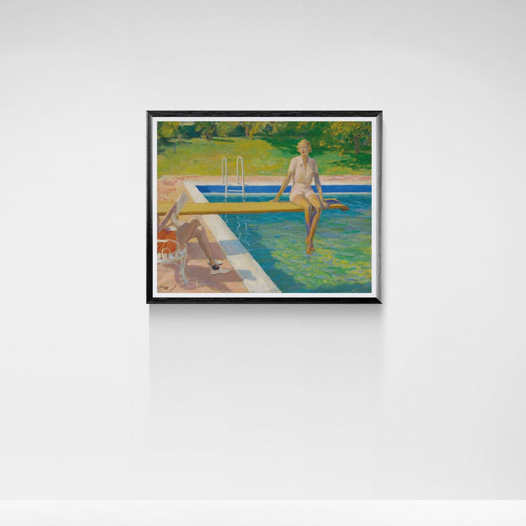 Framed artwork of a woman sitting on a diving board over a pool with a white background