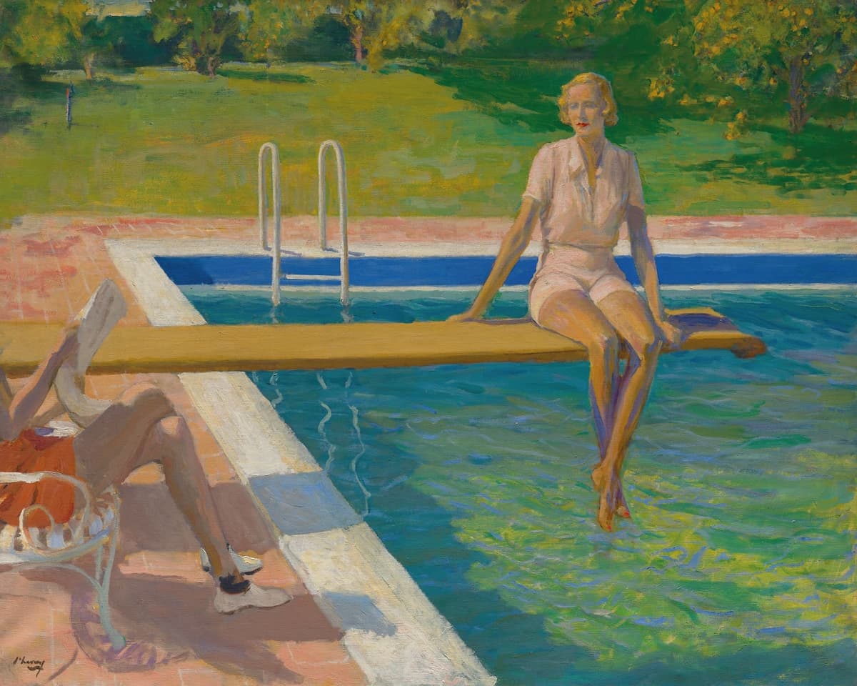 An impressionistic painting of a woman sitting on the edge of a swimming pool, with another person reclining in the foreground and a grassy, tree-filled background.