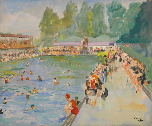 Painting of a crowded outdoor pool with people swimming and sunbathing, surrounded by trees and buildings.