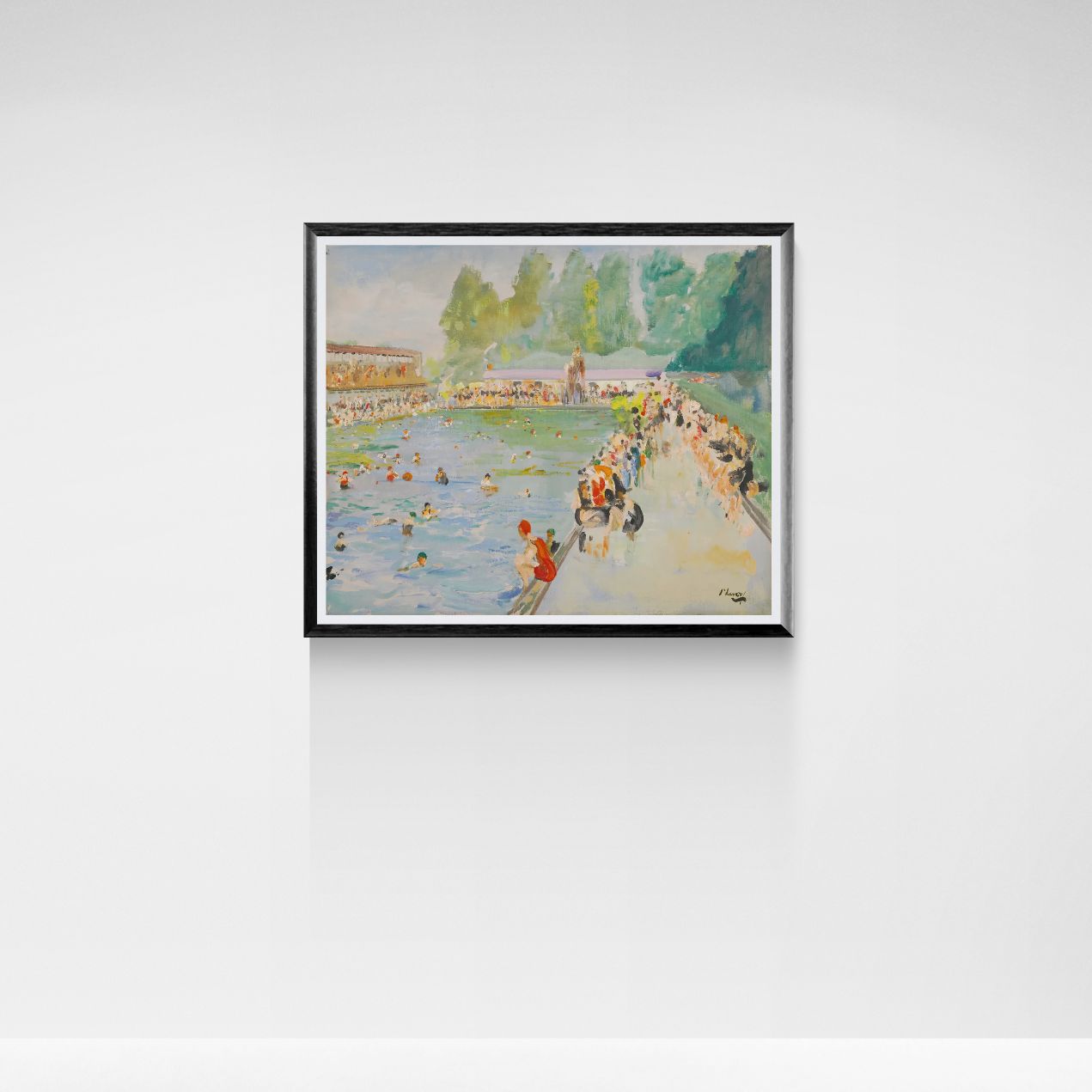 Framed artwork of an outdoor swimming pool scene with people and buildings on a white wall