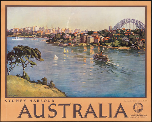 High-quality Giclée reproduction of a 1930s Sydney Harbour travel poster, showing a cruise ship and the Sydney Harbour Bridge from a tree-lined shore, vintage Australian cityscape.