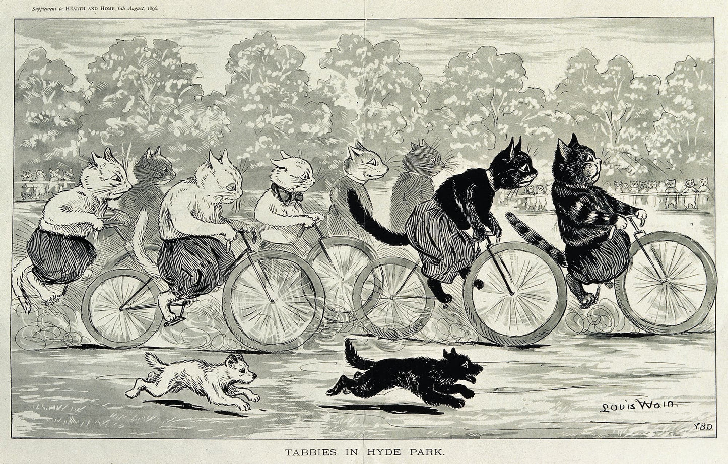 Cartoon of cats riding bicycles with a dog chasing them in Hyde Park