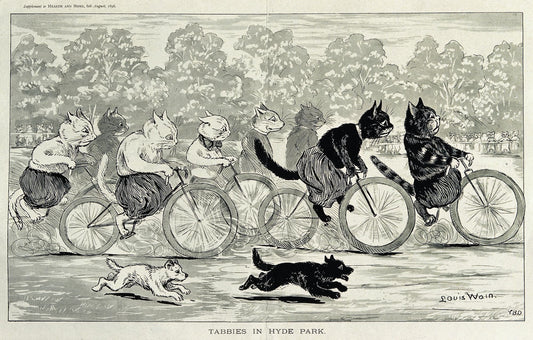 Cartoon of cats riding bicycles with a dog chasing them in Hyde Park
