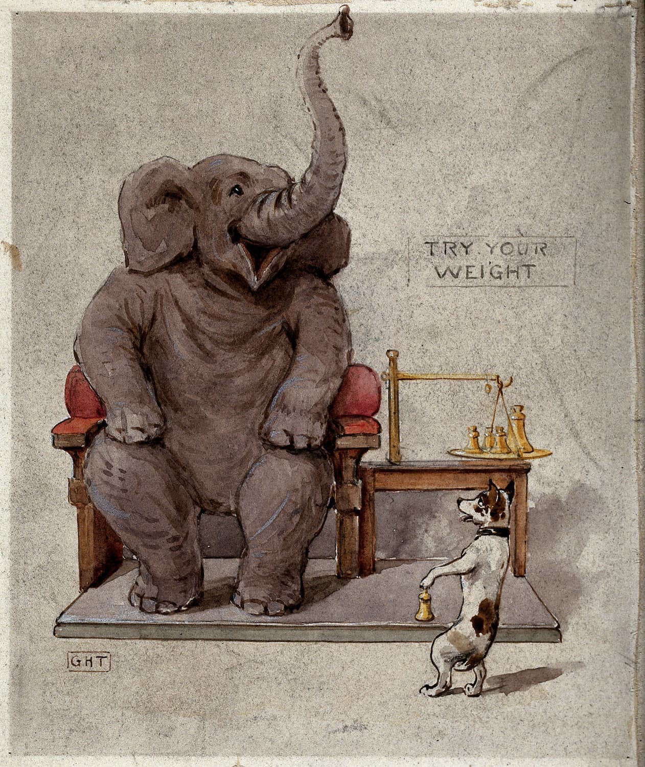 Museum-quality Giclée reproduction of George Hope Tait's 1900s Elephant drawing, featuring a humorous illustration of an elephant seated in a chair attempting to 'try its weight' with the help of a terrier. Ideal for children's room or quirky decor.