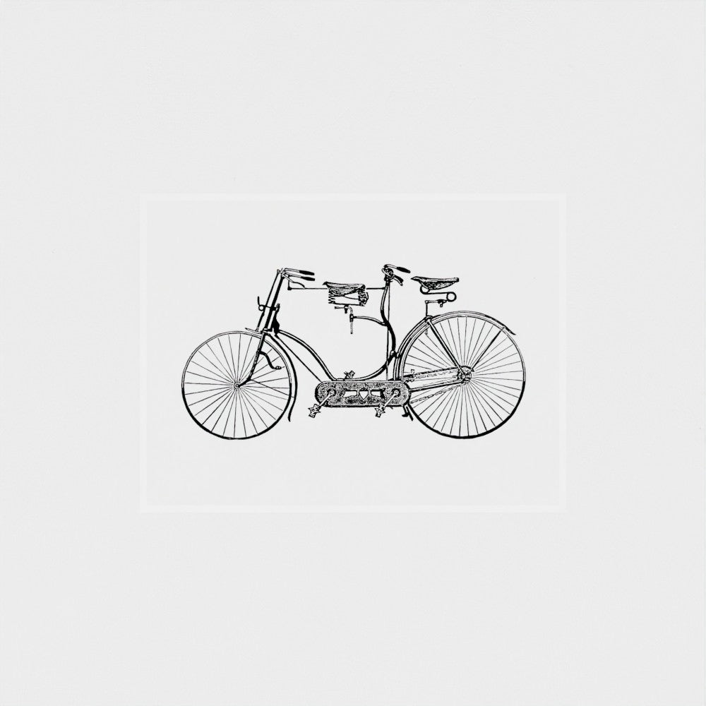Black and white illustration of a tandem bicycle on a light gray background