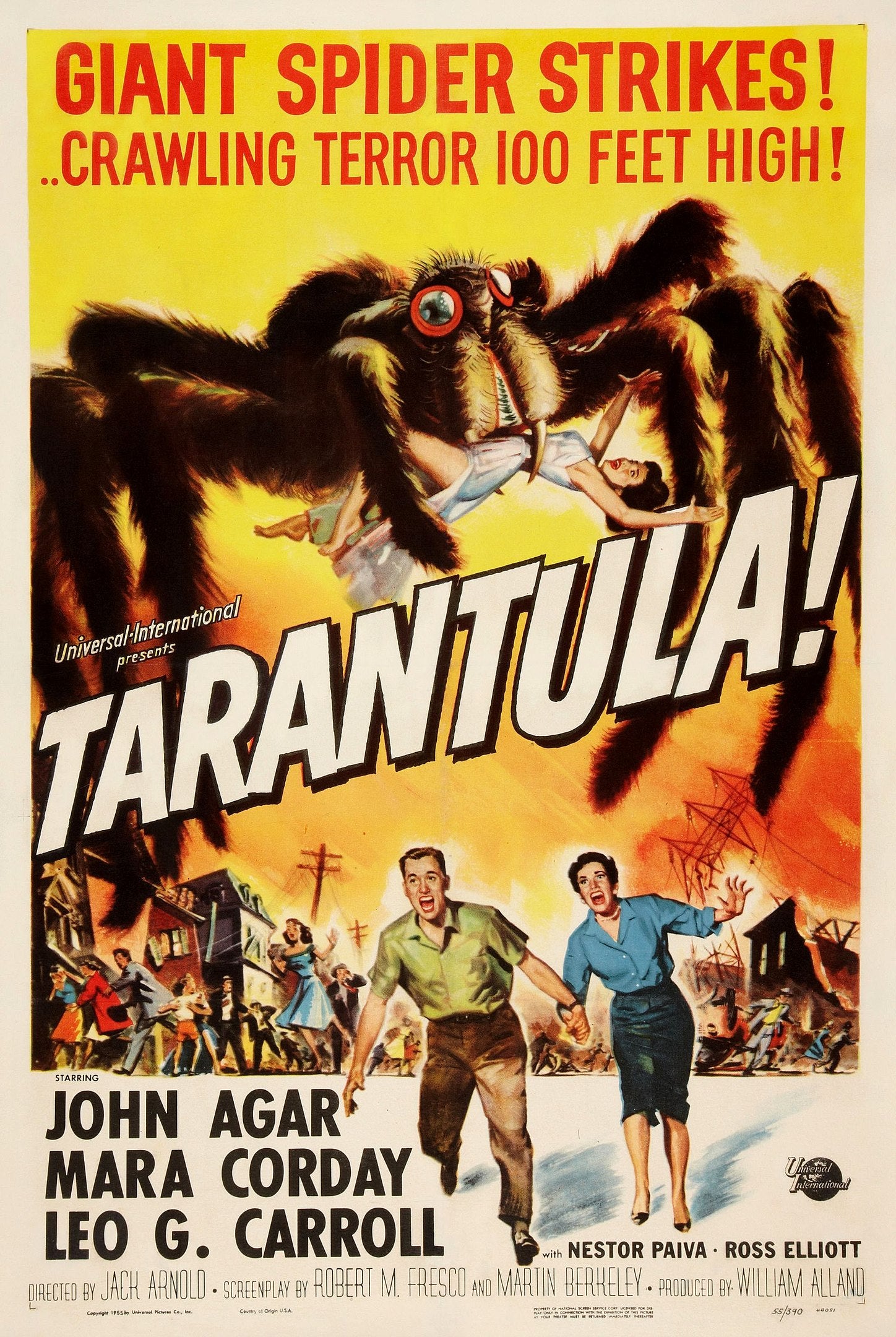 High quality reproduction of the 1955 "Tarantula!" movie poster by Reynold Brown, showing a giant spider attacking a town, classic 1950s sci-fi horror.
