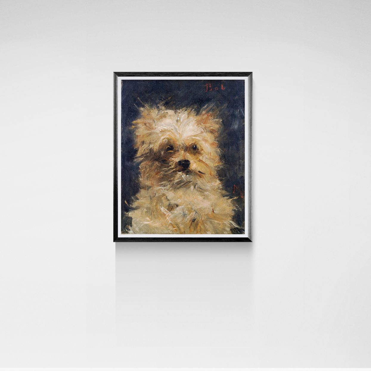 Framed painting of a dog on a white wall